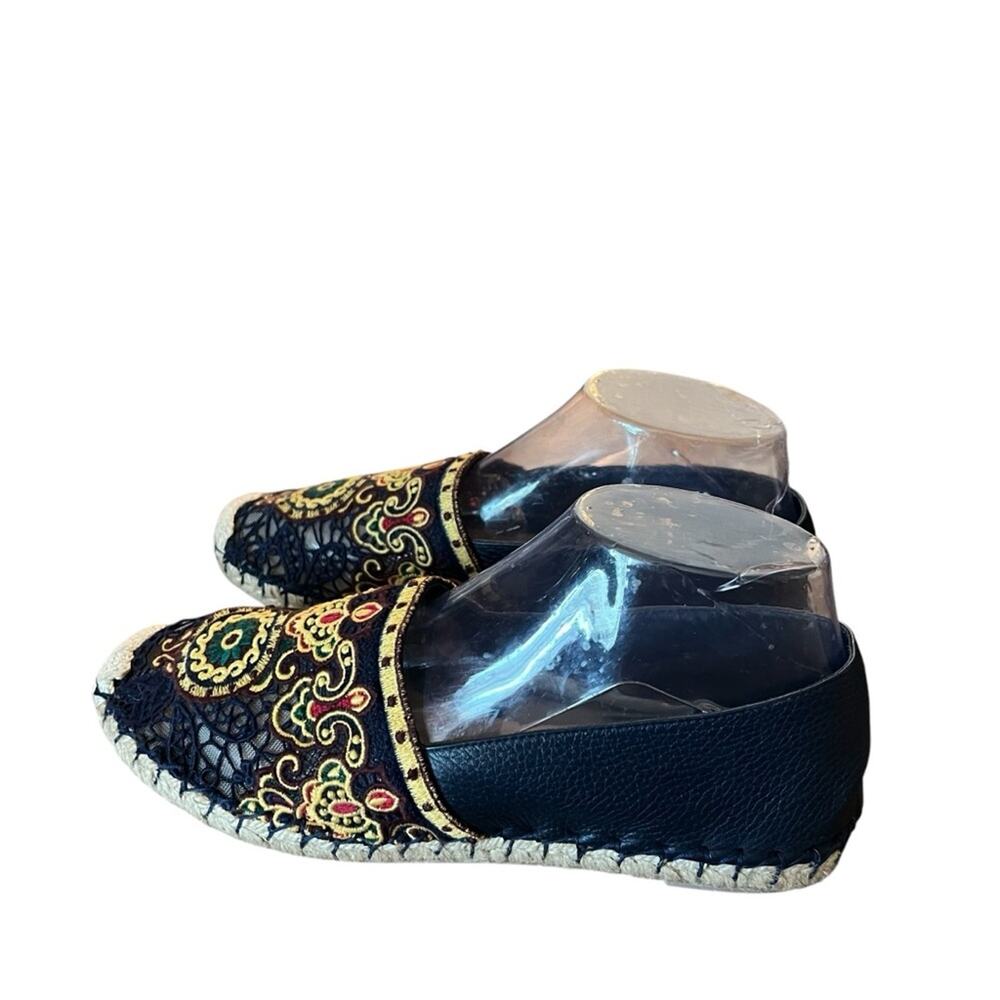 Valentino Garavani Navy Blue Leather and Floral Lace Espadrille Flats EU 38 US 8 - Picture 4 of 13